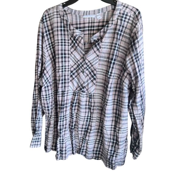 DENIM & CO. Tan black tartan plaid scoop neck peasant cottage flannel plus sz 2X - Picture 1 of 8